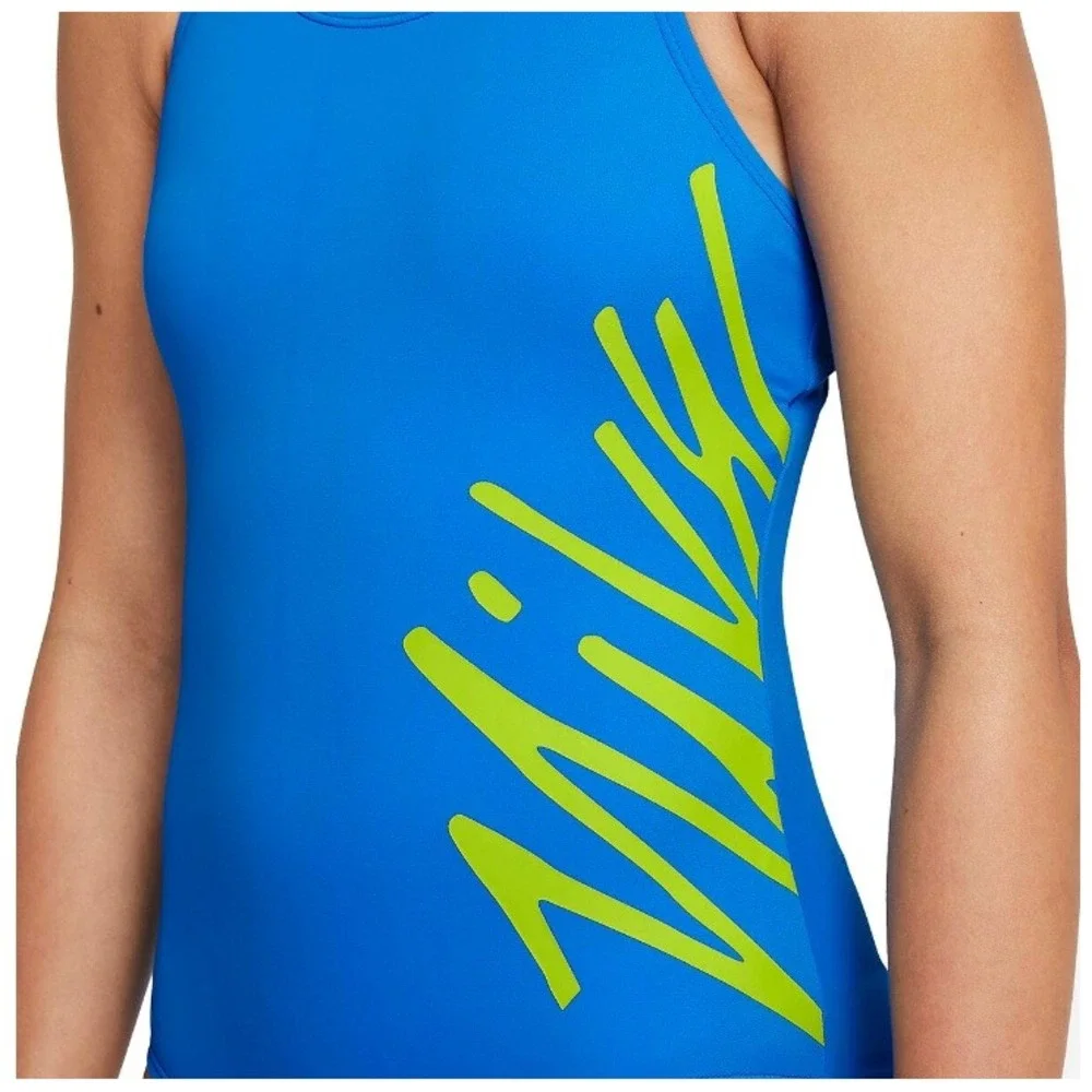 Nike Swim Girls Swoosh Blue Script Logo Crossback One Piece Swimsuit Size XL NWT